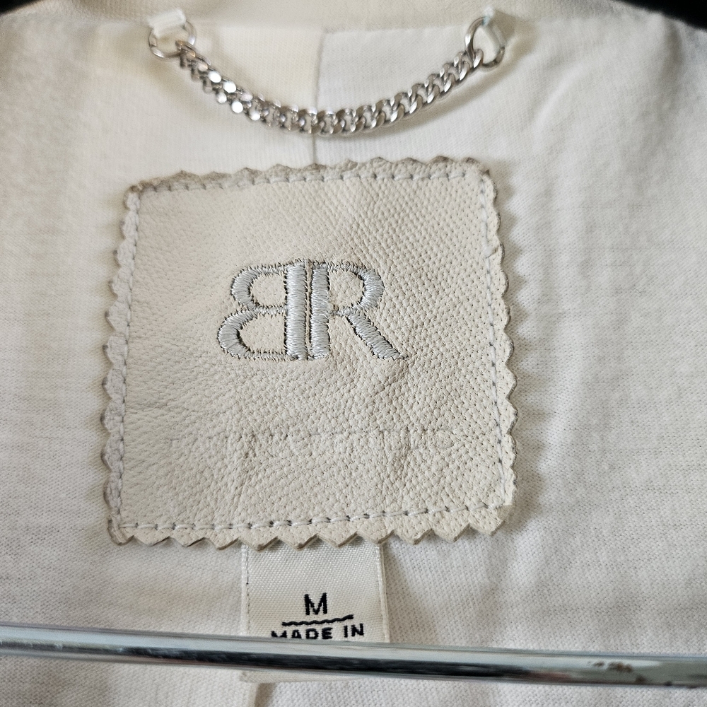 Leather Moto Jacket White Women's Classic M Professionally Cleaned - Picture 4 of 10